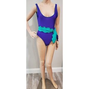 Vintage Connie Banko One Piece Swimsuit Purple With Turquoise Tie. Size M.
